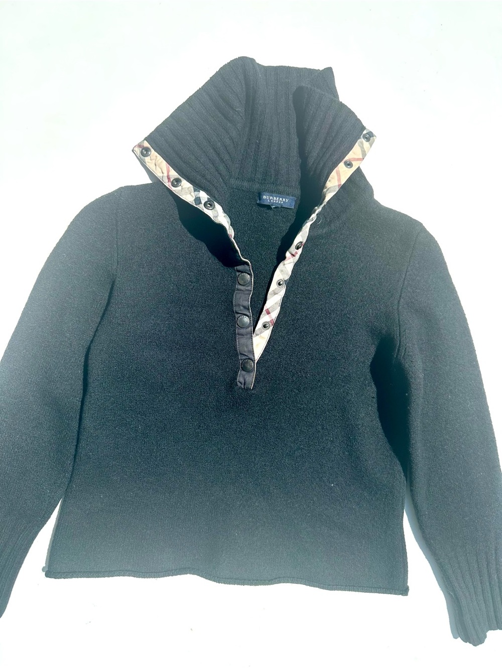 Burberry Merino Black Turtleneck Sweater Signature Nova Check Trim Shrinkage XXS